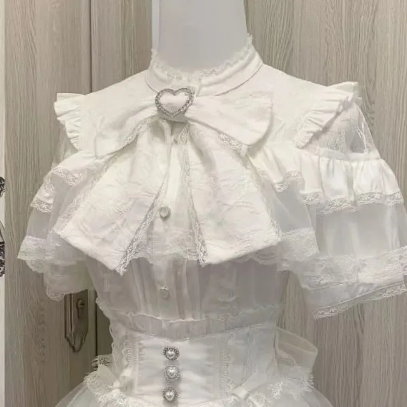 Cute Lolita Short Sleeve Shirt Women Japanese Bow Lace Black White Y2K Subcultural Street Party Daily Wear