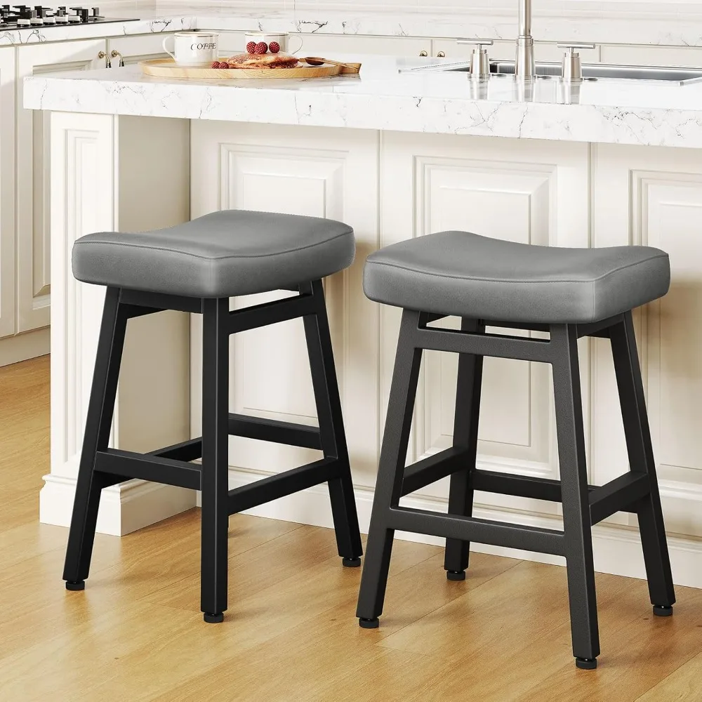 

Counter Height Bar Stools Set of 2,Kitchen Stools with Bonded Leather Saddle Seats & Heavy Duty Metal Legs, Easy Assembly