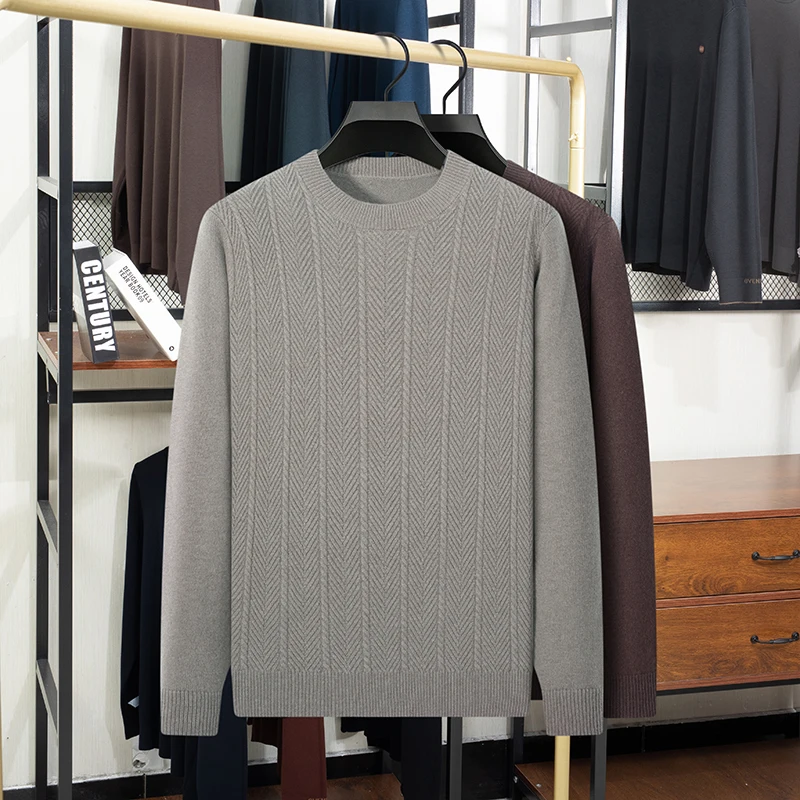 100% Wool Men's Thickened Sweater Crew Neck Knitted Pullover Long Sleeve Herringbone Pattern Autumn Winter Warm Classic Casual