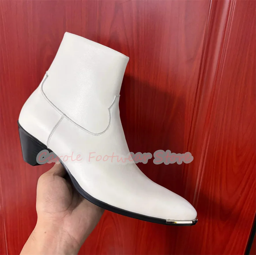 ファッションデザイン奇妙なヒール本革チェルシーブーツ男性用メタル装飾ポインテッドトゥ 5 センチメートルハイヒール男性アンクルブーツ