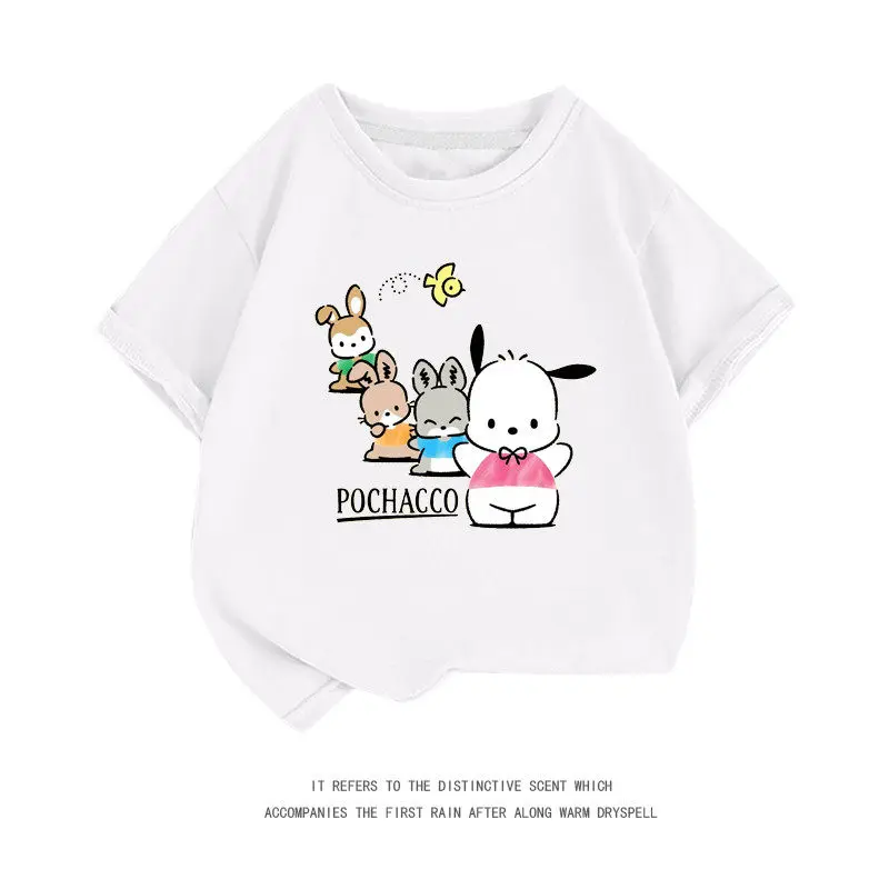 

Детская футболка Sanrio Pacha Dog с мультяшным принтом, новинка лета 2026, хлопковая, с круглым вырезом, в западном стиле, для родителей и детей, с коротким рукавом