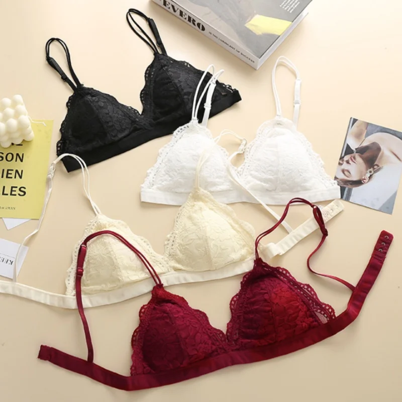 V-Neck Double Strap Floral Lace Bralette Women Scallop Edge Wireless Bra Sexy Lingerie Back Hook Closure Daily Intimates S-L
