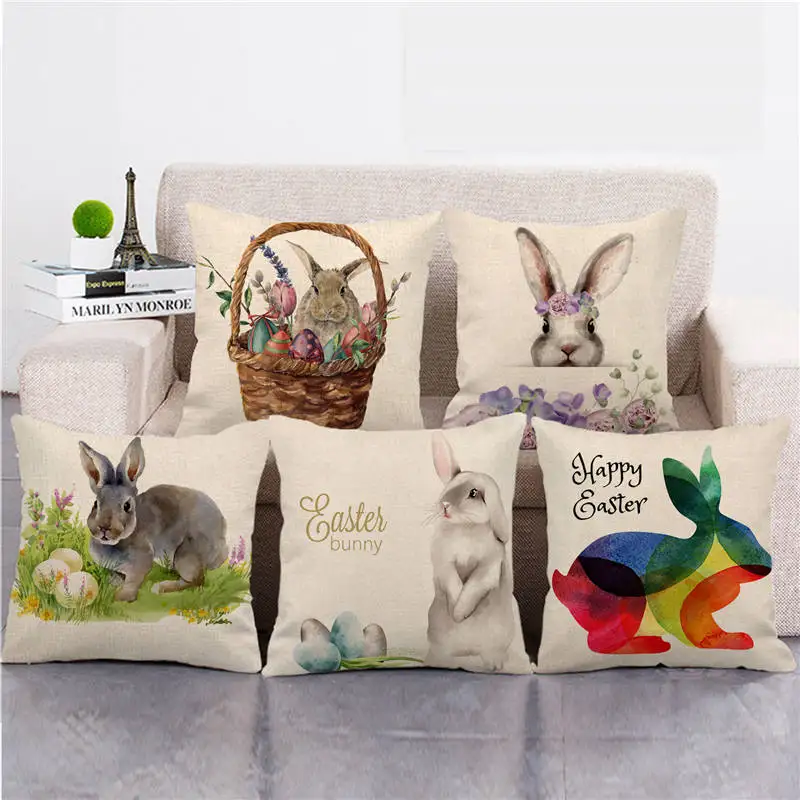 45cm*45cm Happy Easter Eggs Cute Rabbit Color Flowers Linen/cotton Throw Pillow Covers Couch Cushion Cover Home Decor Pillowcase