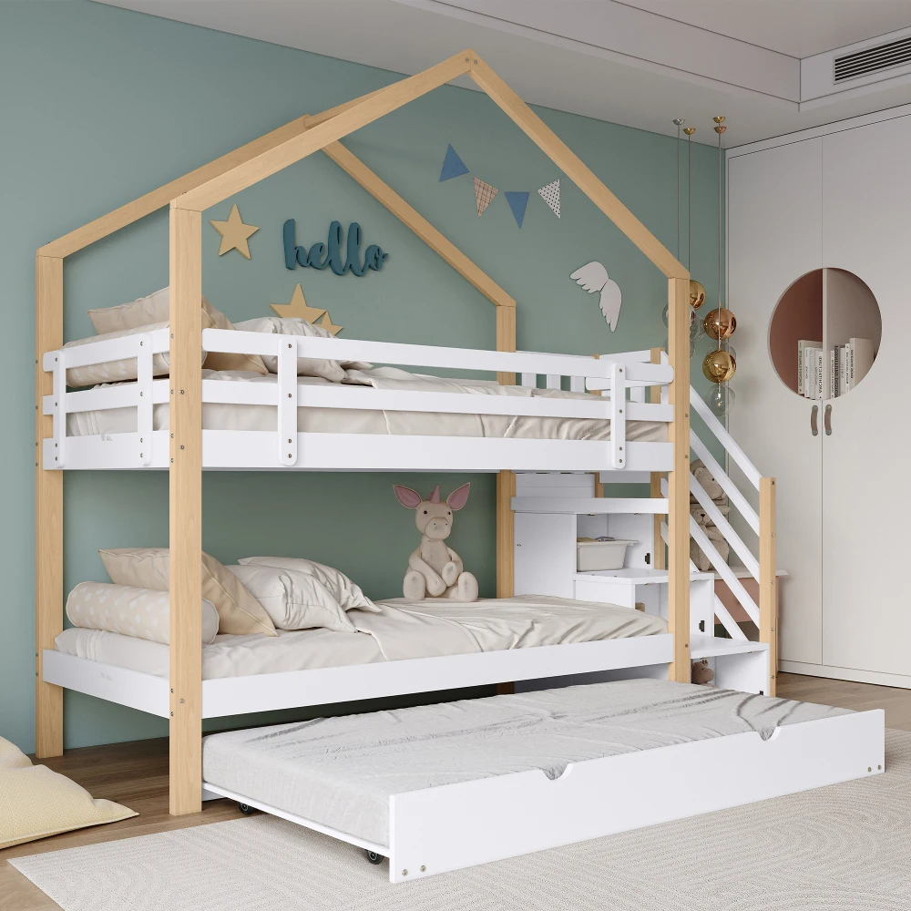 PINGGO Naturweißes Holzhausbett 90x200+90x190cm Kinder-Etagenbett mit Rutsche, Treppe, 3 Schubladen, Sicherheitsgeländer, ohne Matratze – Detail 7