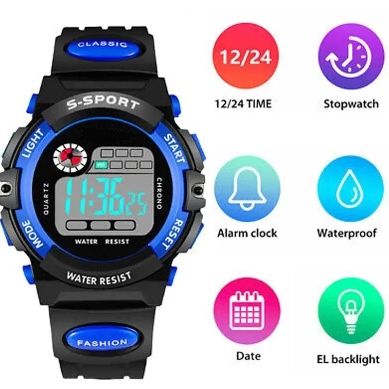 ساعة رقمية للأطفال بإضاءة ملونة، شاشة LED رياضية مضيئة مقاومة للماء، حزام من السيليكون، ساعة توقيت بتقويم للطلاب يوميًا