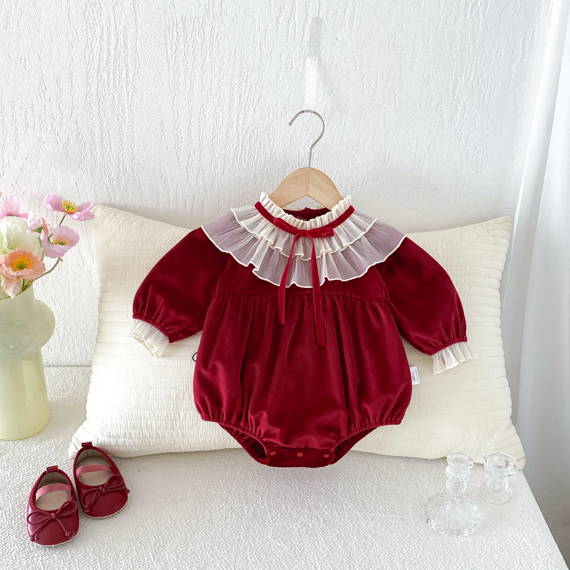 Bodys y Monos para Bebé, Otoño Invierno, Navidad, Terciopelo Rojo, Mono para Recién Nacido, Traje de Fiesta de 100 Días, Ropa para Bebés de 0 a 24 Meses