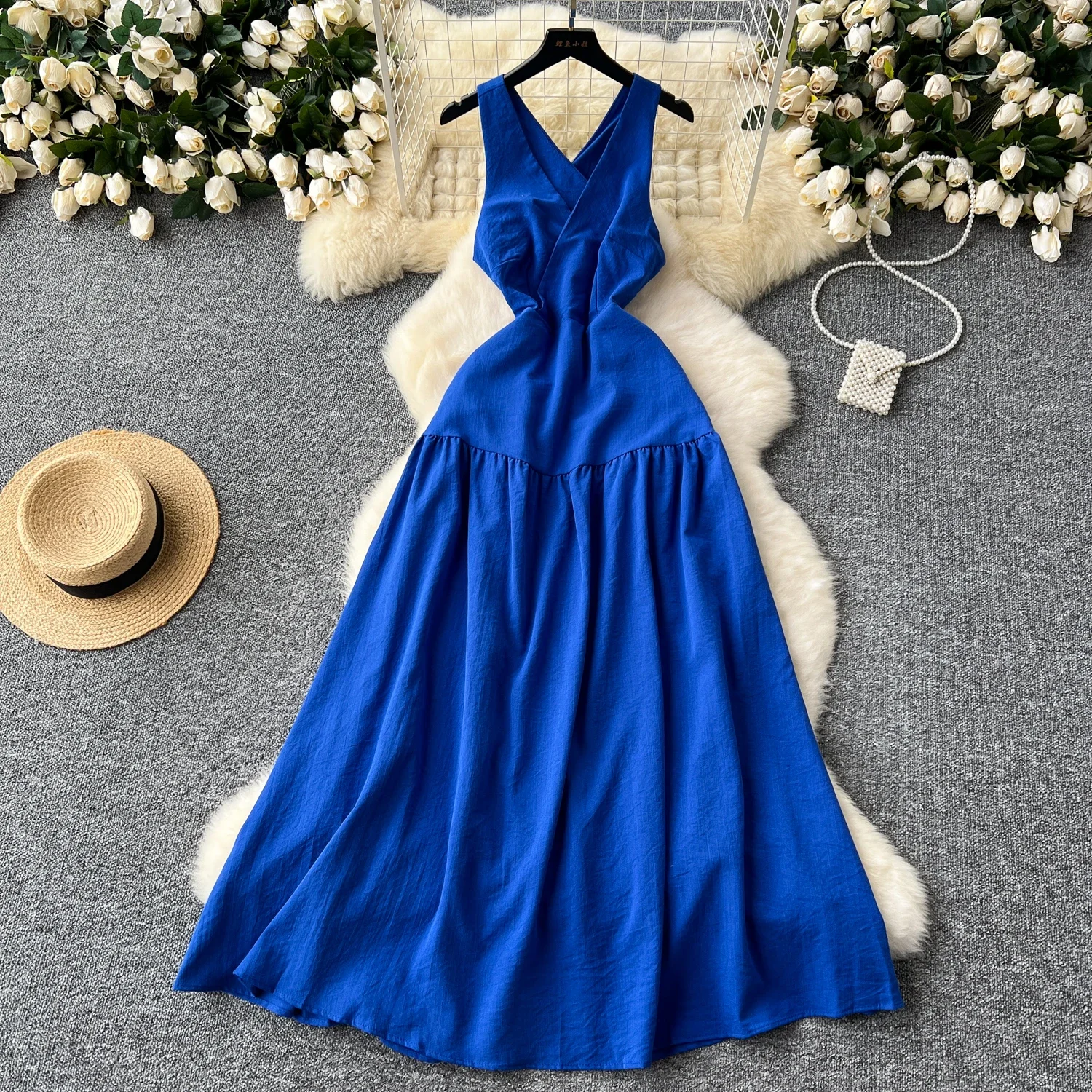 Elegant Sexy v neck sleeveless backless korean fashion  Dress Fairy A-line Vestidos Women Evening dresses