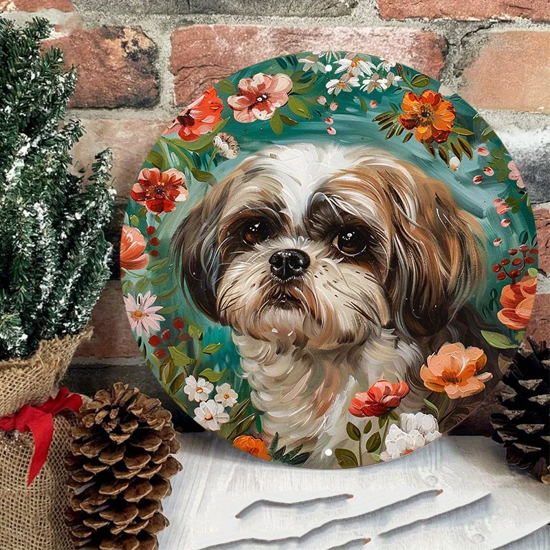 Aluminum Metal Sign Round Decorative Wreath, Wall Door Hanger, Waterproof HD Printed Art, Weather-Resistant Shih Tzu Dog