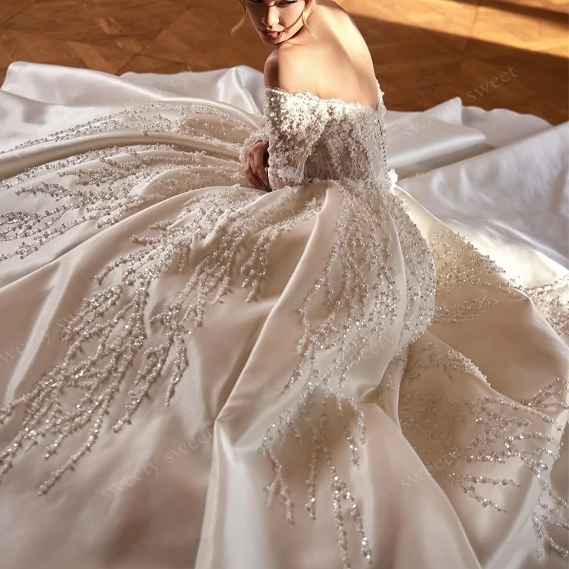 Elegantes Hochzeitskleid aus Taft mit Perlenstickerei, Satin-Ballkleid, U-Boot-Ausschnitt, volle Ärmel, Brautkleid, maßgeschneidert, Vestido De Novia, Spitzenrobe