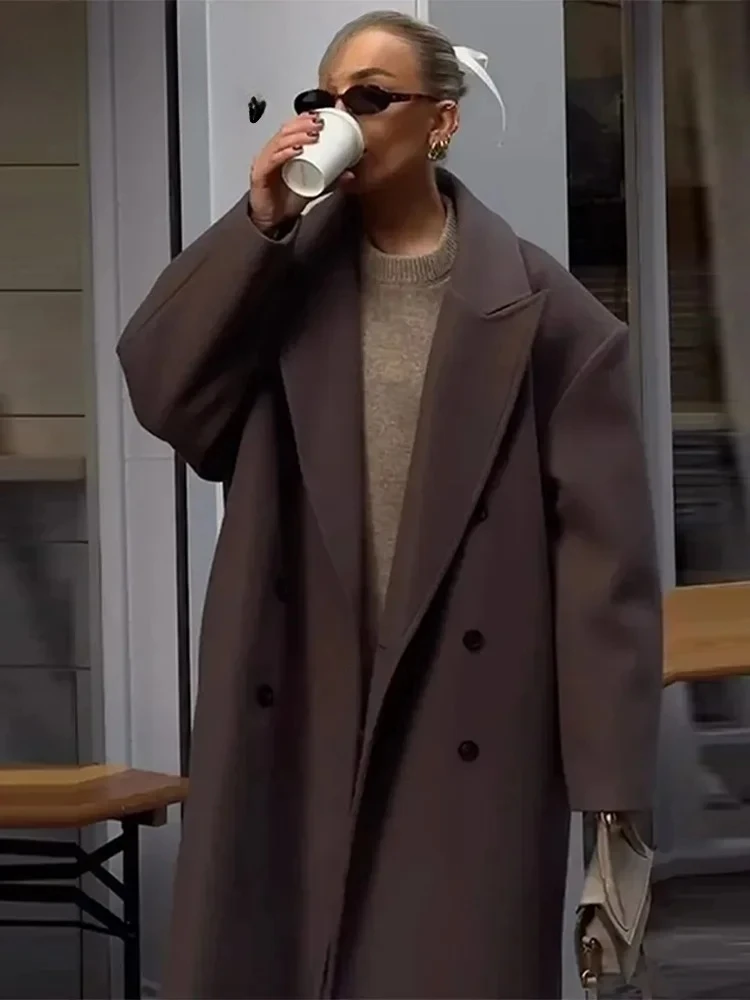 2025 Autumn Winter Casual Lady Streetwear Women Wool Long Coat Casual Full Sleeve Lapel Doube-Breasted Female Coats