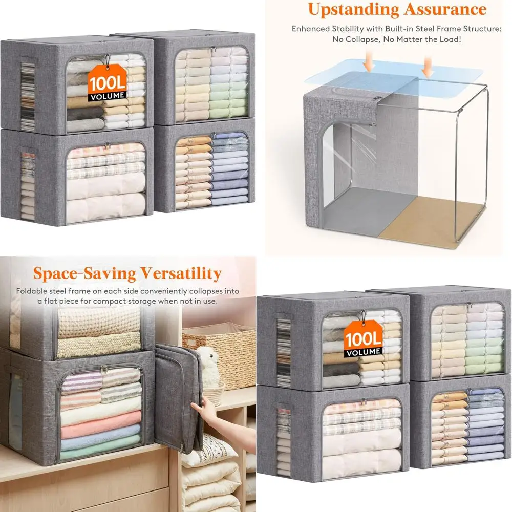 

Штабелируемые контейнеры для хранения в металлическом каркасе с крышками, складные органайзеры для тканевых коробок емкостью 100 л, прозрачное окно и молния, прочная ручка, 4 шт.