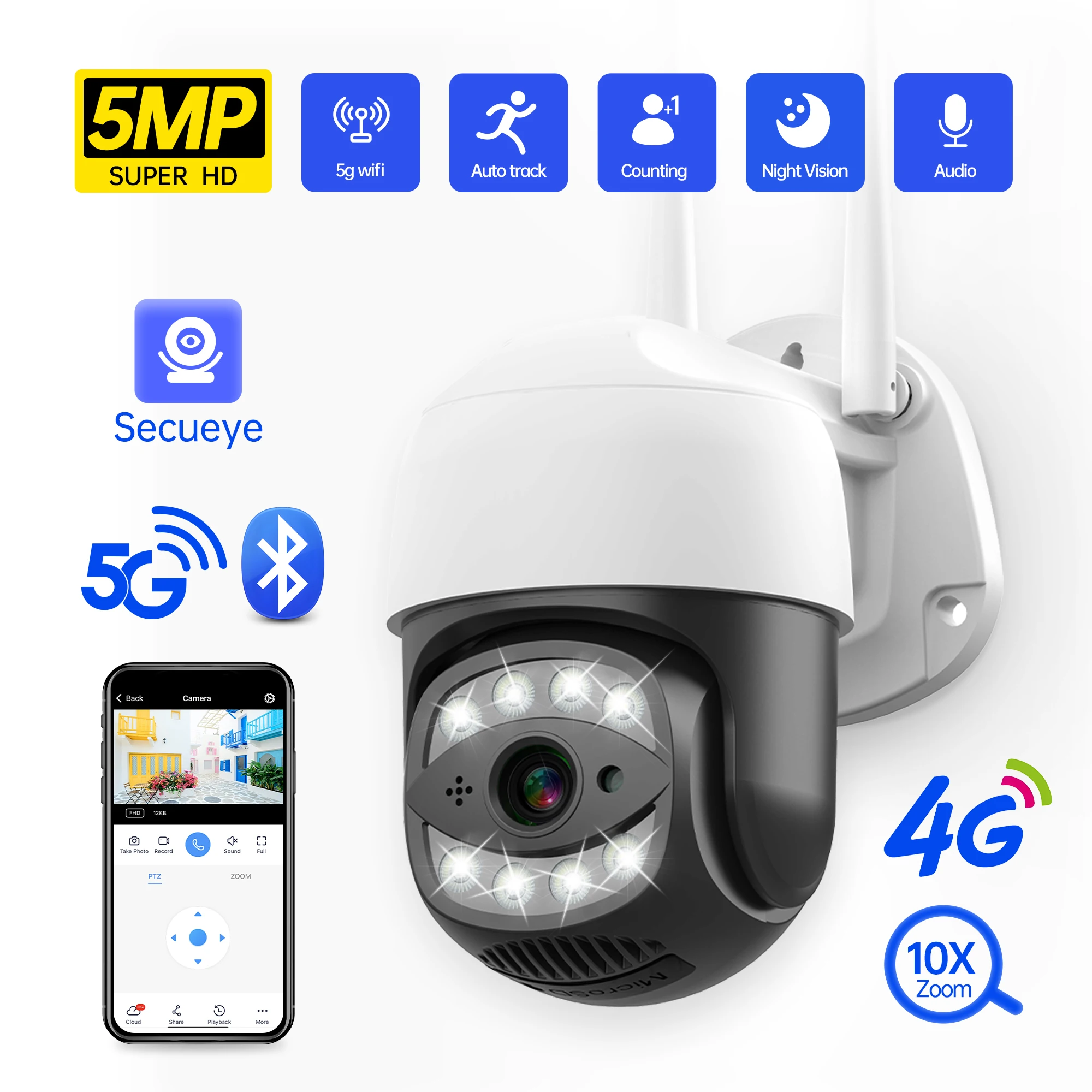 Cámara IP con tarjeta Sim 4G, 5MP, WiFi, PTZ, impermeable, 1080P, seguridad, seguimiento automático, visión nocturna, videovigilancia CCTV