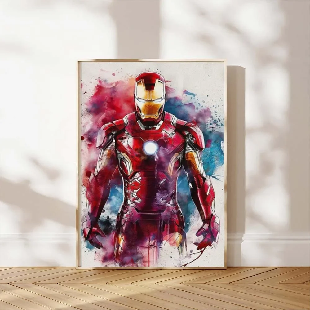 1 Stück rahmenlose Aquarell-Tropfkunst-Superhelden-Drucke, Poster, Spider-Man, Iron Man, Leinwandgemälde, Marvel-Wandkunst für Kinderzimmer