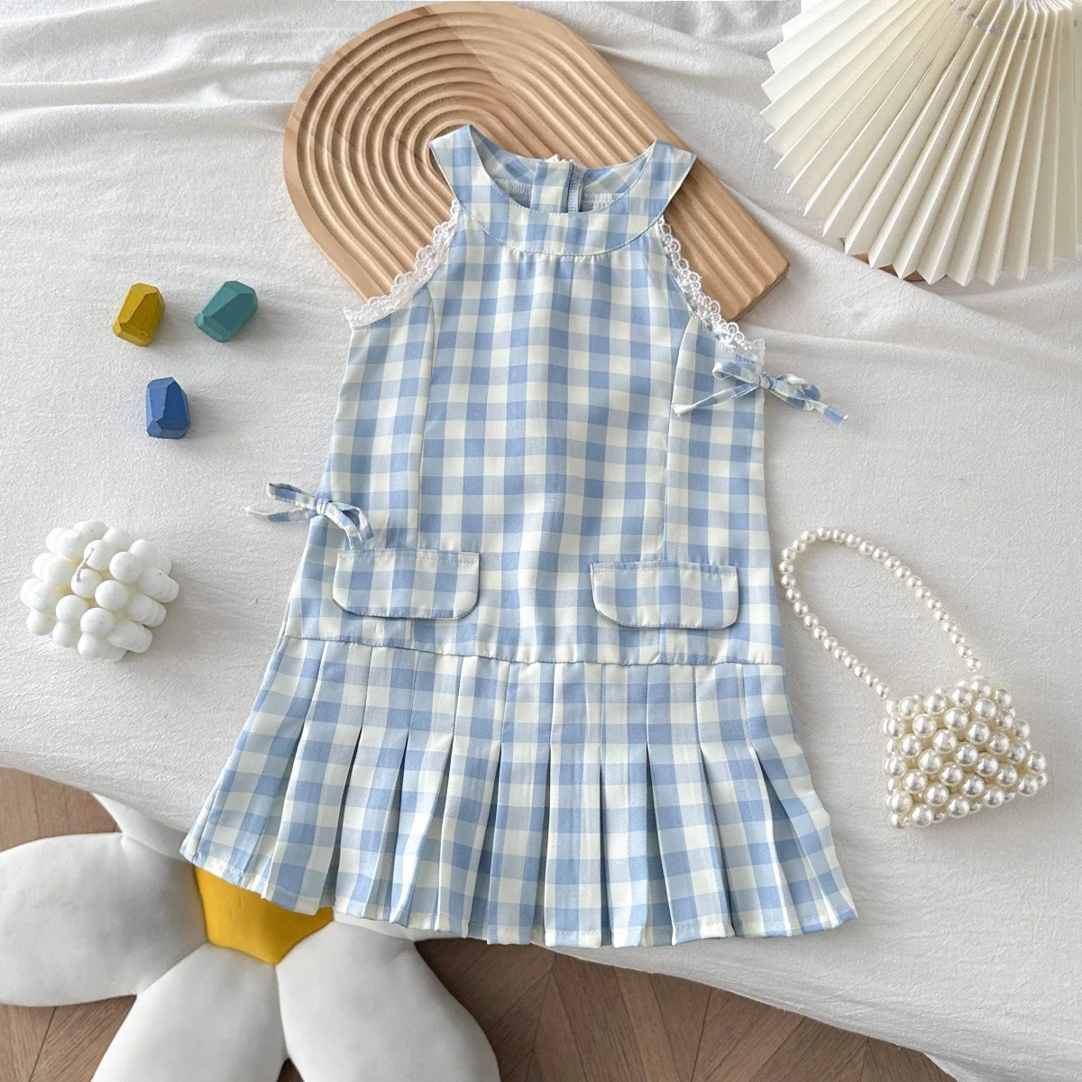 Summer Korean-Style Sweet Blue Plaid Dress for Girls, Sleeveless Dress with Bow, Halter Neck Tank Dress, Beautiful Dress