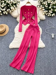 New Fashion OL Winter Small Fragrant Suit Women's Long Sleeve Chic Button Zipper+Elastic Pants Retro Sweater Chic Two Piece Set