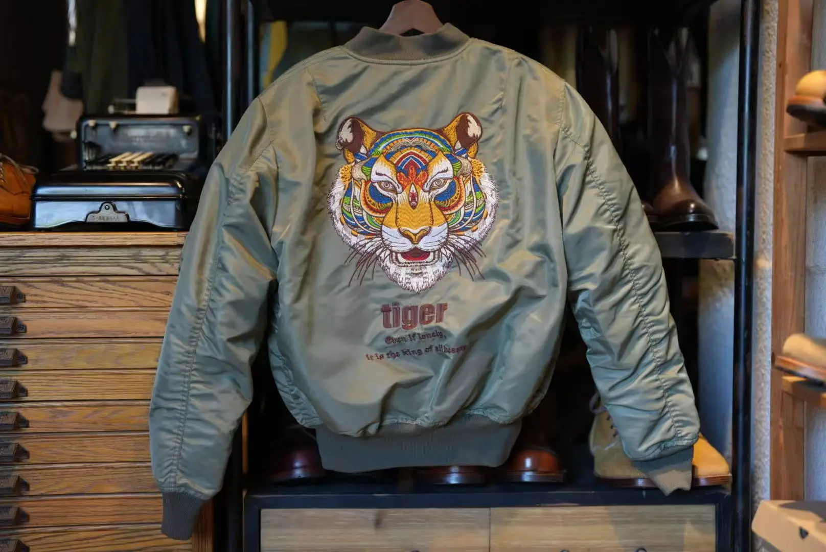 

Heavyweight Tiger Head Embroidery Ma Flight Jaet Cotton Baseball Sle Men's Coat Retro Workwear Outerwear Long Sve