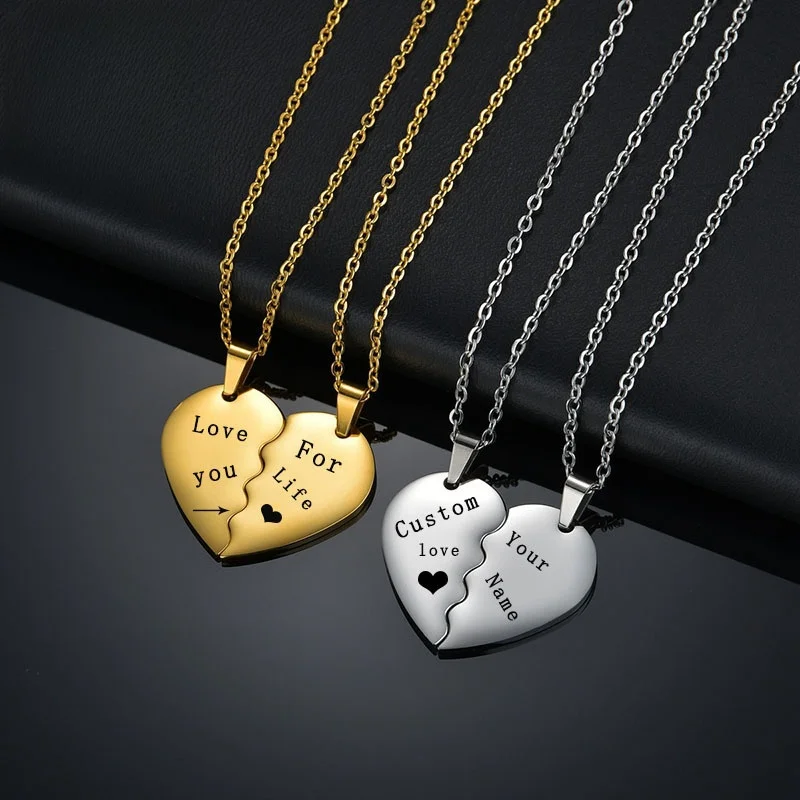 

2025 Custom stainless steel double half heart puzzle couple necklace DIY simple fashion valentine's day gift peach heart pendant