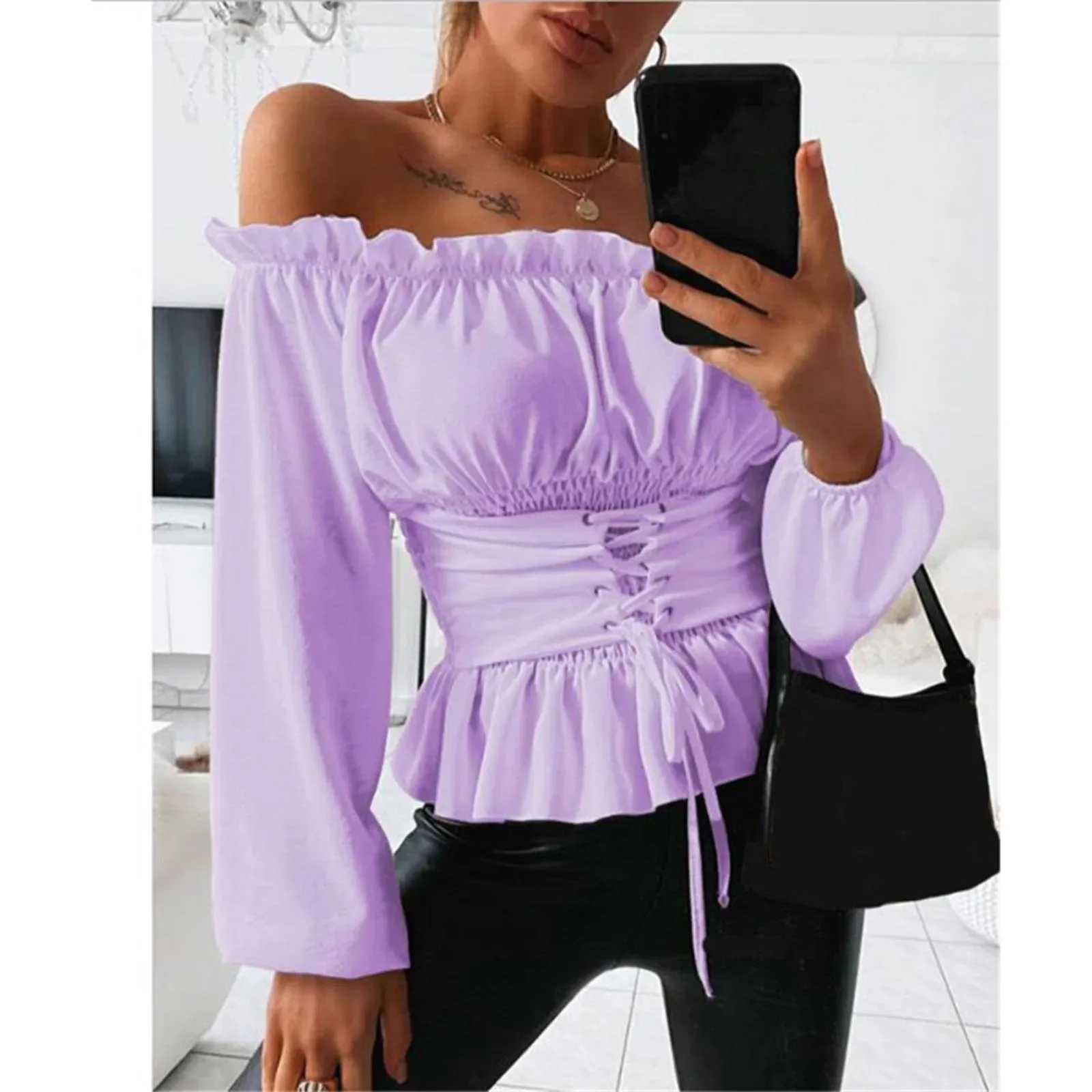 Ruffles korset Off Shoulder atasan dan blus wanita Gothic Renaissance baju antik Victoria kostum Cosplay kaus bajak laut baru