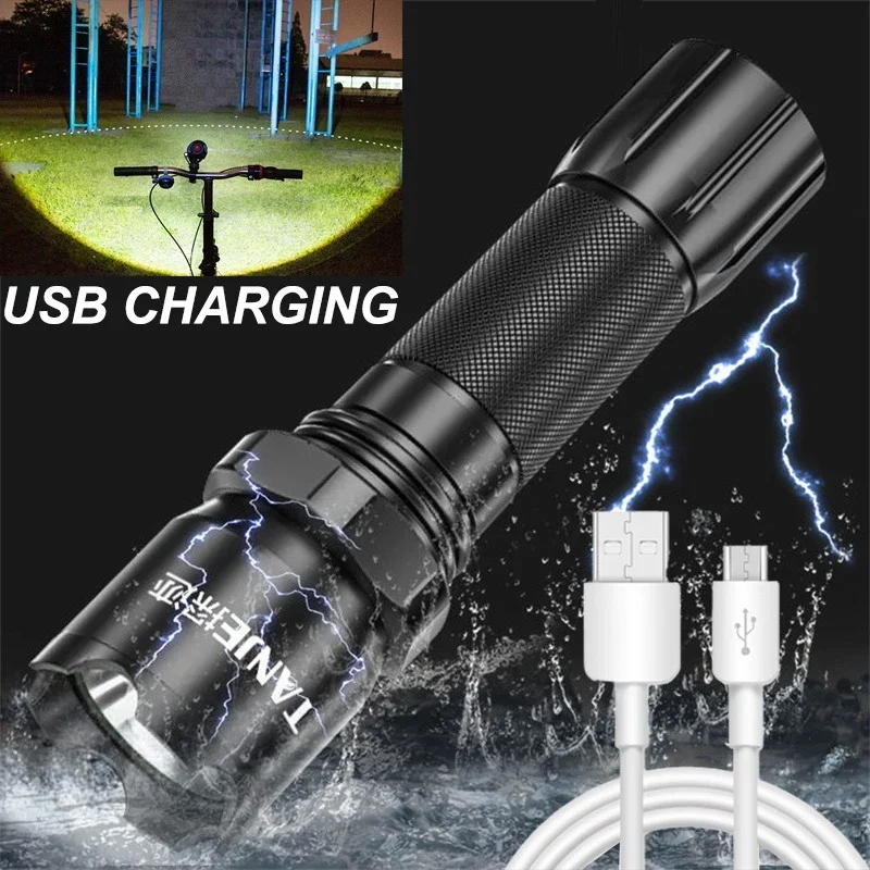 Mini LED Flashlight USB Rechargable Waterproof Torches Zoomable Hard Light Tactical Flashlight for Hiking Camping Cycling Lamp