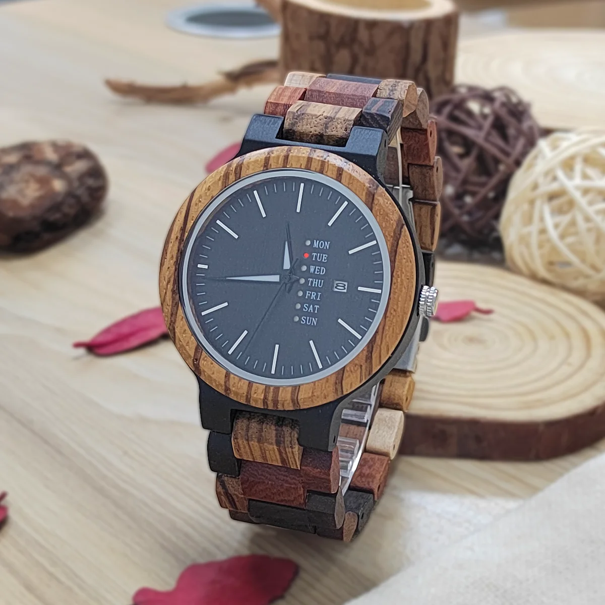 Men\'s Watch Multifunctional Wooden Quartz Wrist Watch for Men Week and Date Wood Clock Display Personalized Gift