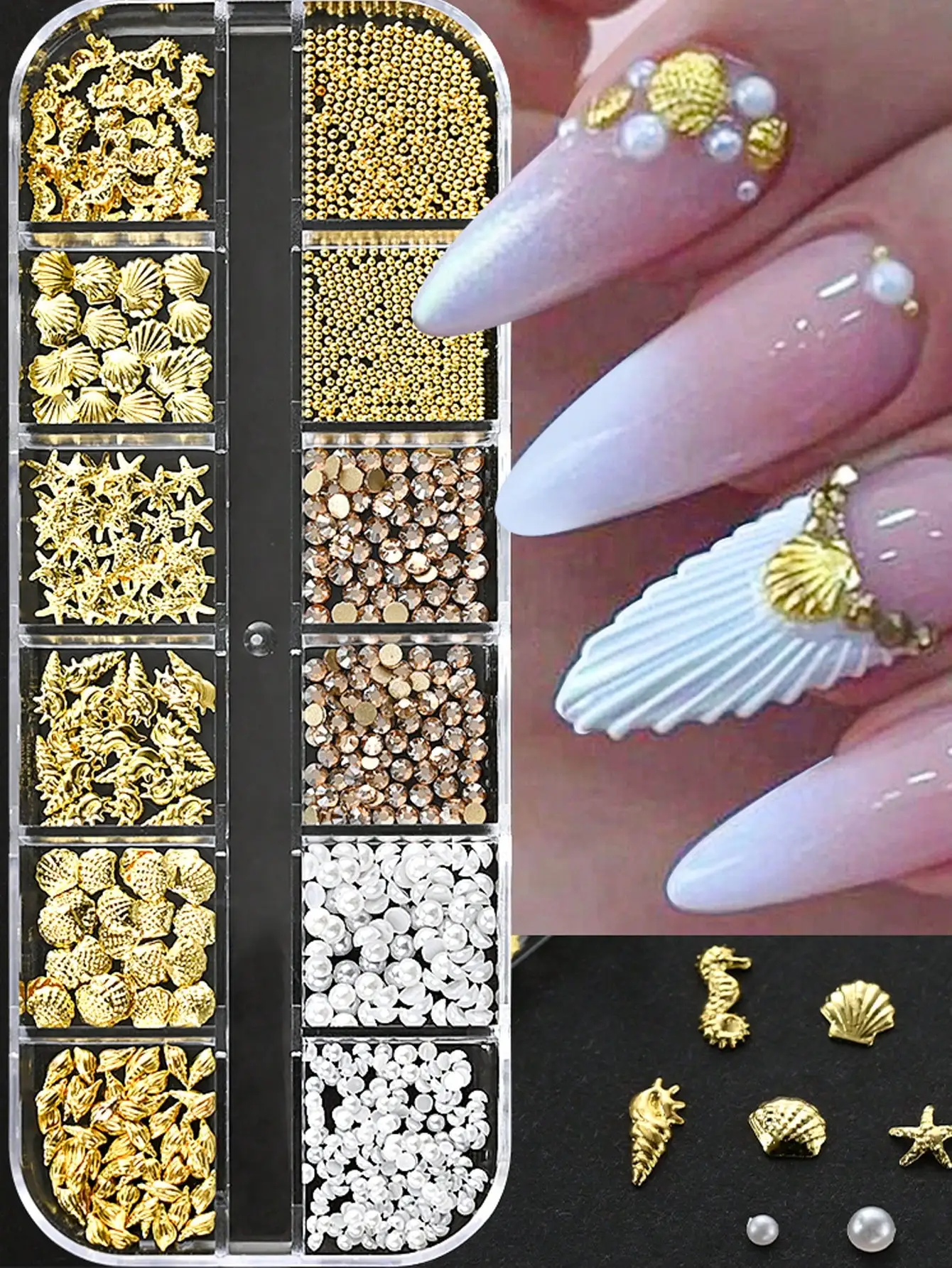 12 Piezas de Adornos 3D para Uñas con Temática Oceánica, Varias Formas, Aleación Dorada, Conchas, Abulón, Caballito de Mar, Estrella de Mar, Concha, Perla, Mini Caviar