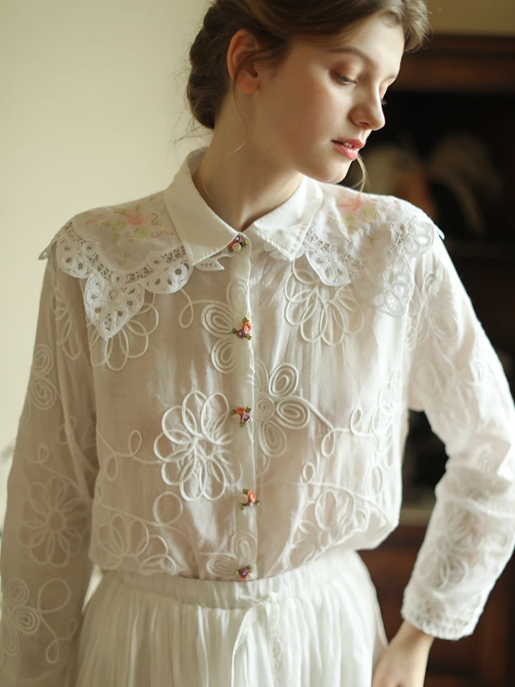 

AIGYPTOS Spring White Blouse Women Vintage Antique Handmade Embroidered Lace Collar 100%Cotton Shirt Elegant Embroidery Blouse