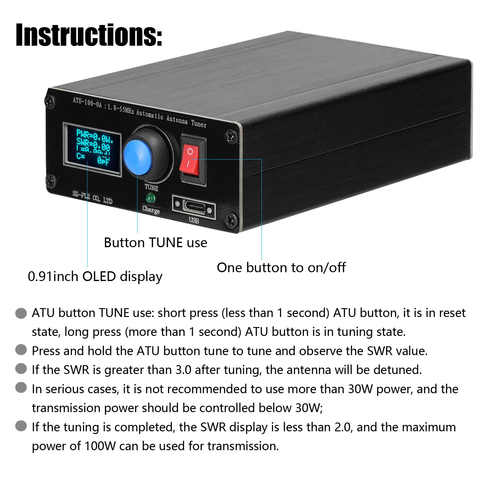 ATU-100/10-0A 1.8-55MHz/30MHz Mini automatyczny tuner antenowy Wyświetlacz OLED Aluminiowa obudowa z baterią 1800MAh Tuner antenowy ATU