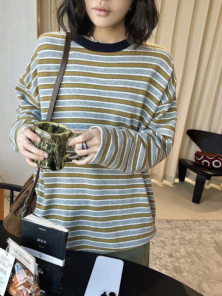 FANAN Korean Style Striped Contrast Color Long T-shirt For Women Round Neck Fashion Loose Female Clothing 2026 Spring New