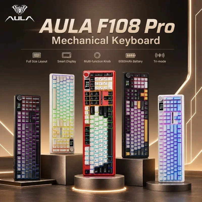AULA F108 Pro Mechanical Gaming Keyboard Tri Mode Wireless Bluetooth Wired RGB Display Hot Swappable Custom Full Size Keyboard