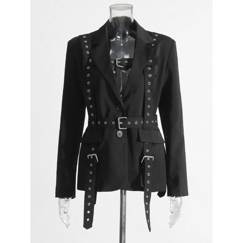 Frauen Einfarbig Temperament Anzug Jacke 2025, Herbst Kerb Einreiher Gürtel Schlank Biker Motor Stil Casual Blazer