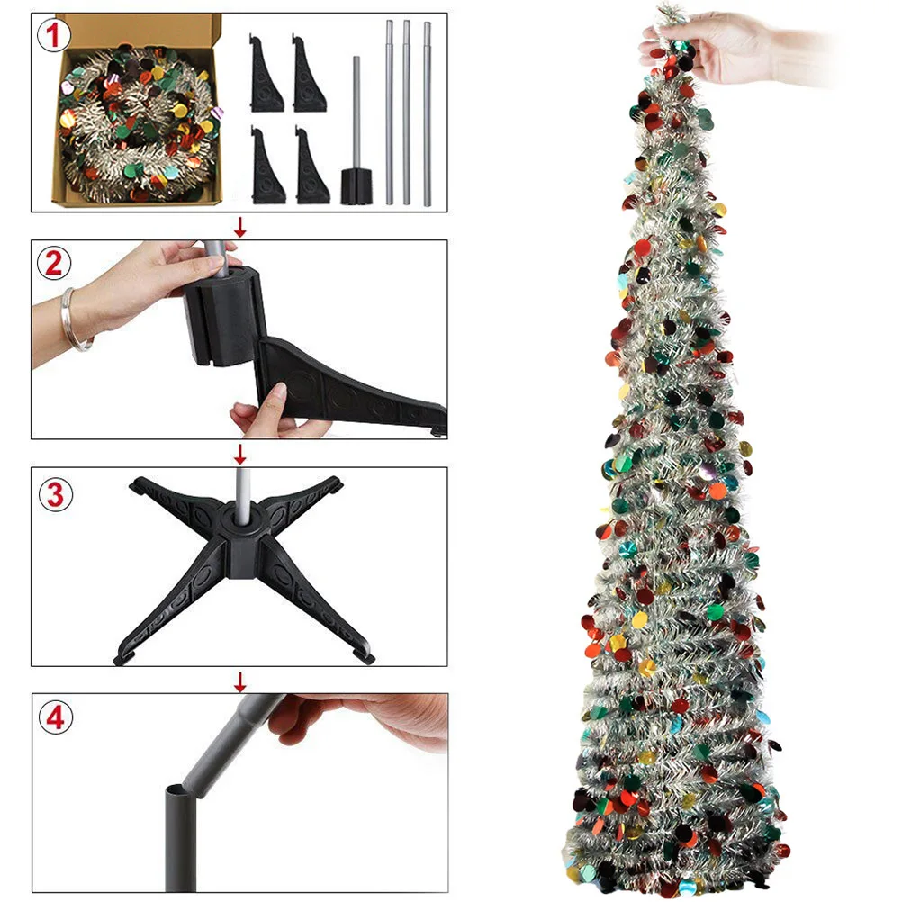 1Pcs Pet Plastic Foldable Telescopic Christmas Tree 150cm Eco Friendly Silver Colorful Christmas Party Home Decoration