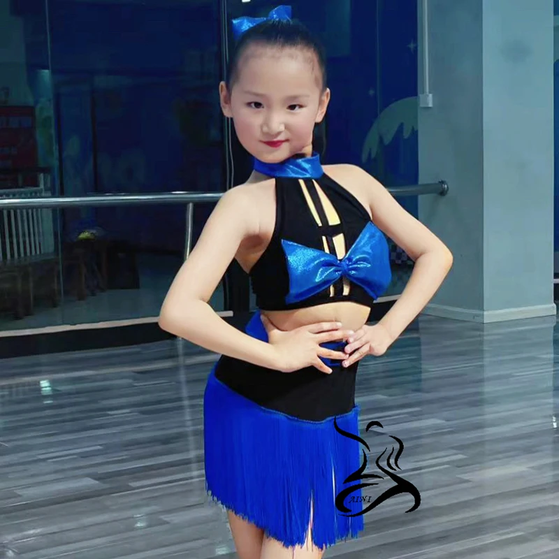 

2024 Kids Latin Dance Dress Girls Blue Fringe Dress Cha Cha Rumba Samba Dance Costume Latin Dance Competition Clothing DNV20957