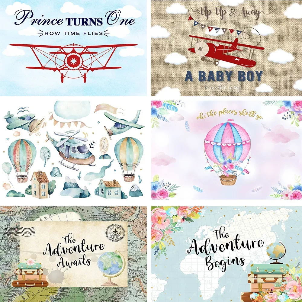 

Hot Air Balloon Baby Birthday Adventure Party Background Poster Holiday Travel Celebration Banner Backdrop Boy Girl Photobooth