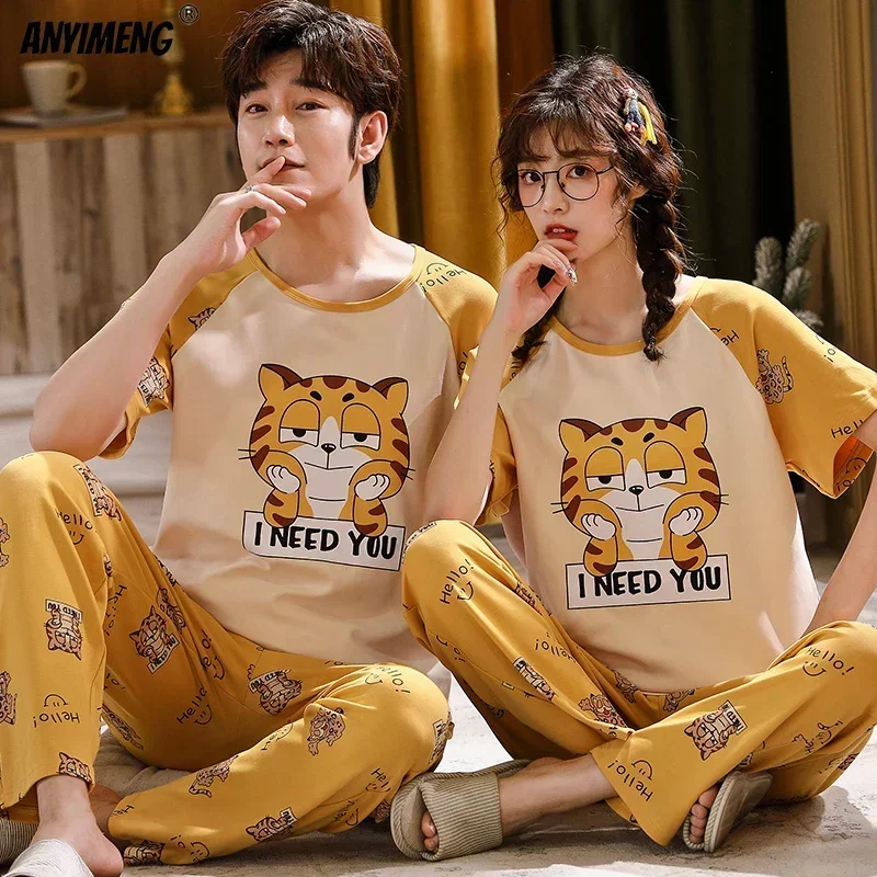 New Summer Soft Cotton Loungewear for Couple Small Dinosaur Cartoon Printing Sleepwear Fashion Pajama Sets for Youth Lovers