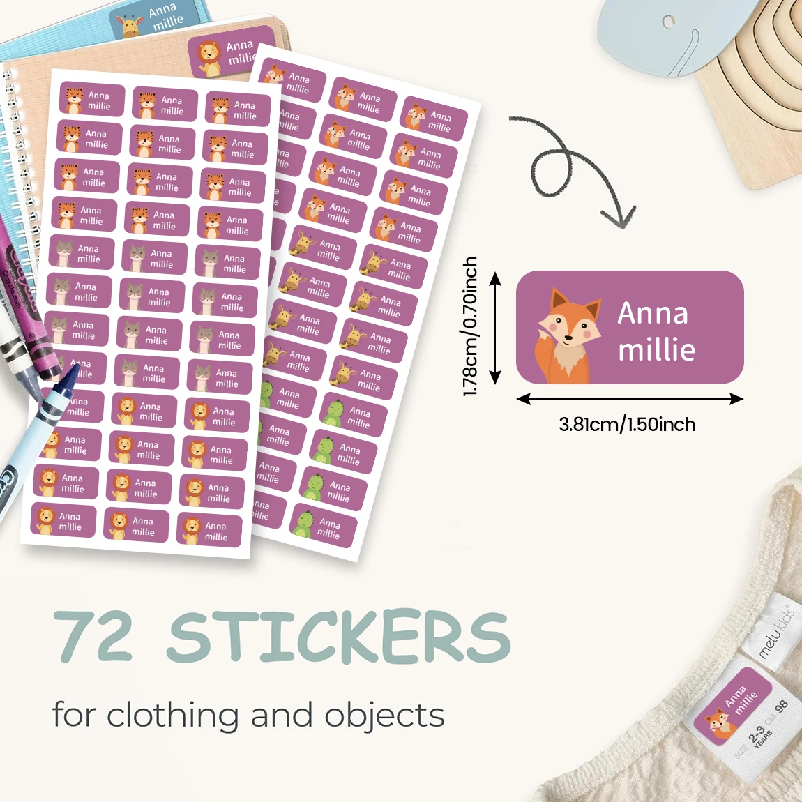 2 hojas de 72 pegatinas de nombre personalizadas con animales lindos, etiquetas personalizadas impermeables para la escuela de niños, botellas de agua y libros
