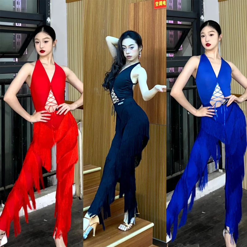 

3 Colors Modern Dancing Clothes Sexy Cutout Latin Tops Fringed Pants For Women Latin Dance Costumes Chacha Samba Dancewear 9428