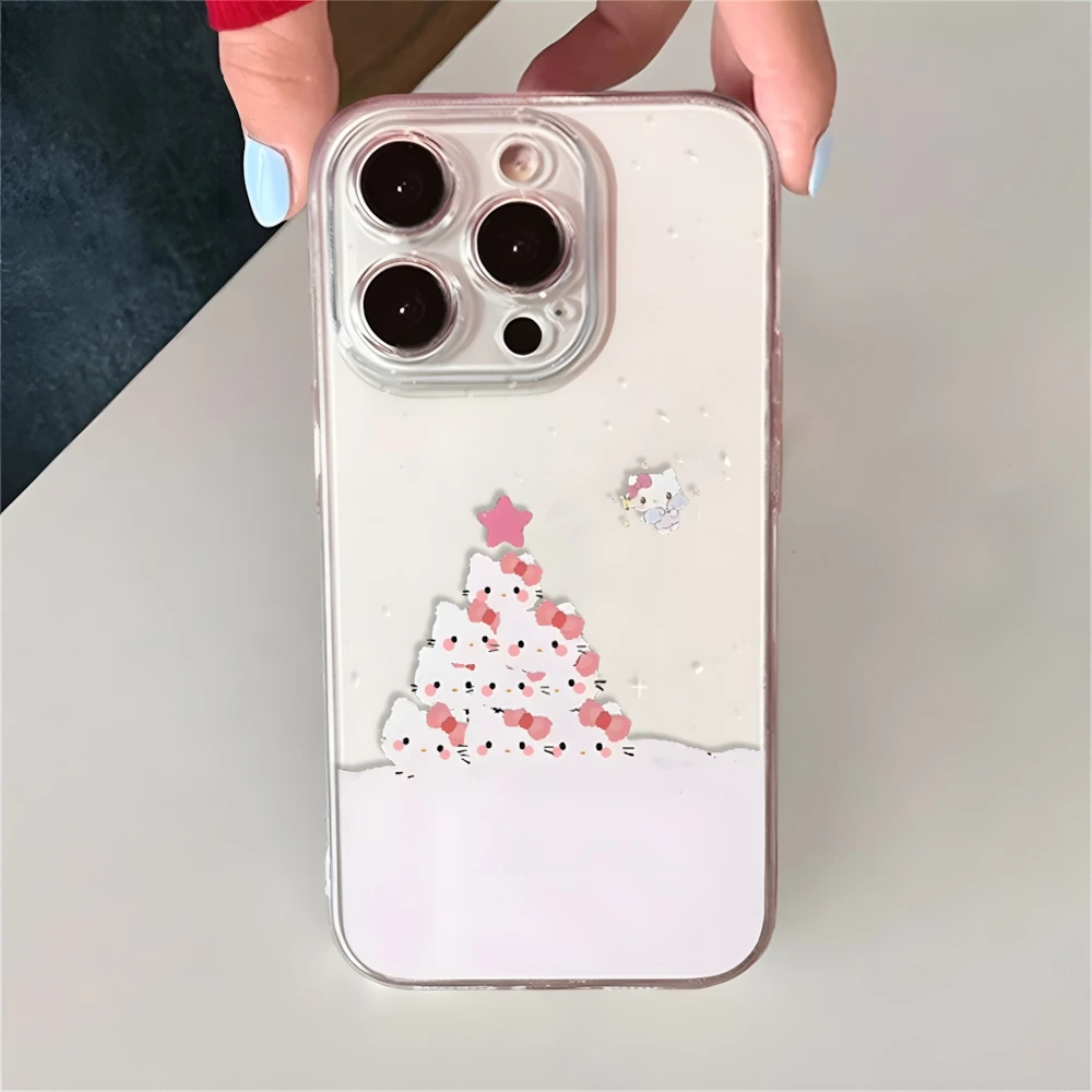 Cute Hello Kitty Christmas Tree Clear Case for iPhone 16 12 13 mini 11 14 15 Pro Max Xs XR 8 Plus Ultra Thin Soft Silicone Cover