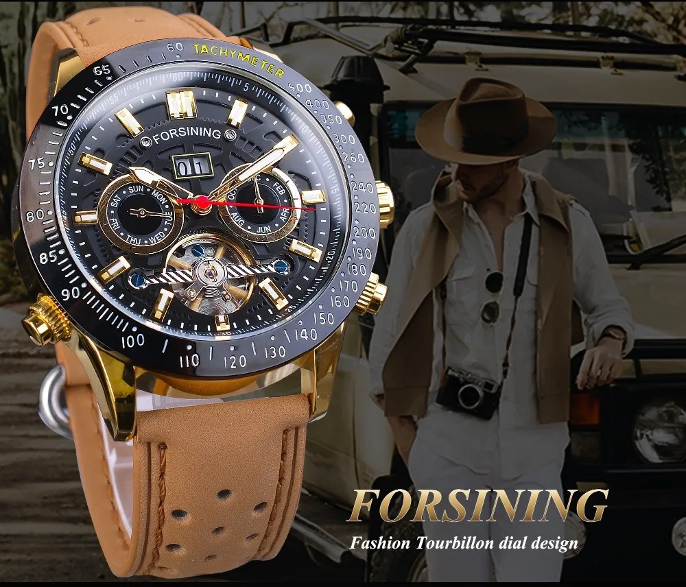 Fashion Forsining Top Brand Tourbillon Calendar Week And Month Display Multifunctional Genuine Leather Mechanical Wrist Watches