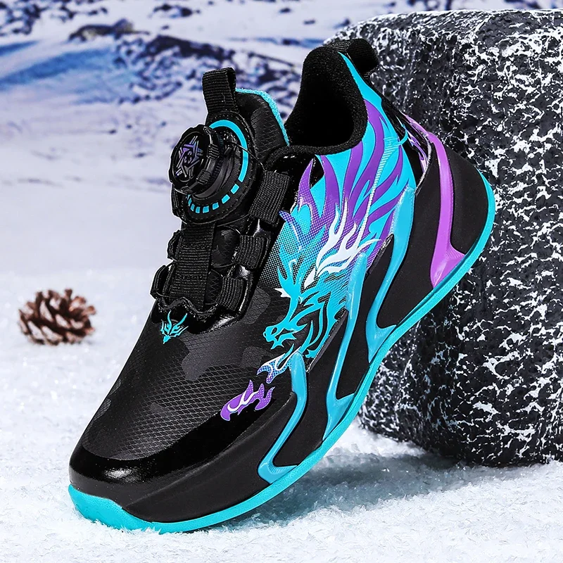 Boys Winter Basketball Shoes Rotary Buckle Kids Sneakers Dragon Pattern Waterproof Upper Warm Fleece Lined Children Sports Shoes