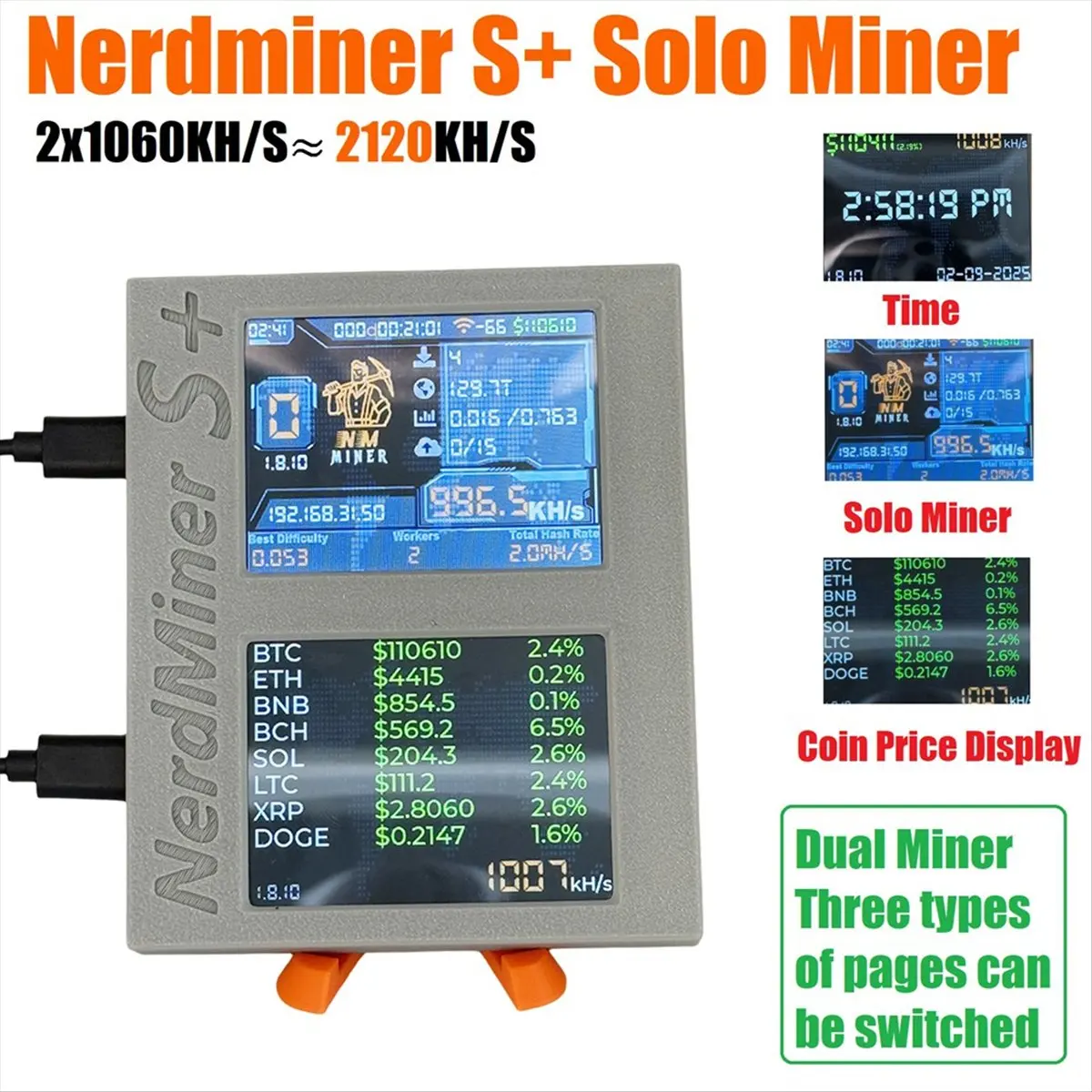 Nerdminer S + Solo Miner شاشات مزدوجة 2X1060KH/S تعدين/وقت/سعر العملة عرض BTC Crypto Miner + حامل ثلاثي الأبعاد