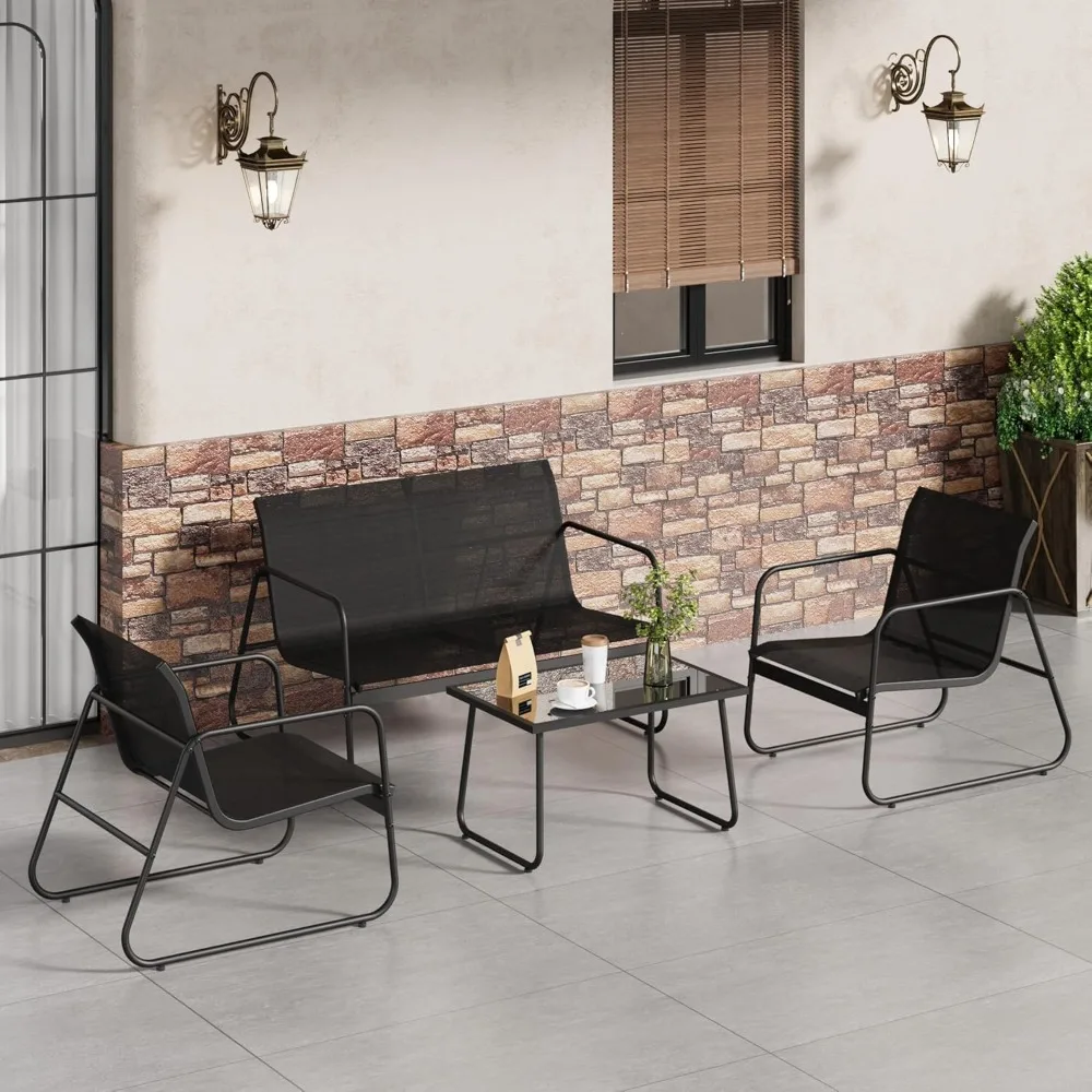 

4Pcs Textilene Conversation Set with 2 Chairs, Patio Conversation Set with Single Chairs and Glass Top Coffee Table, Textilene F