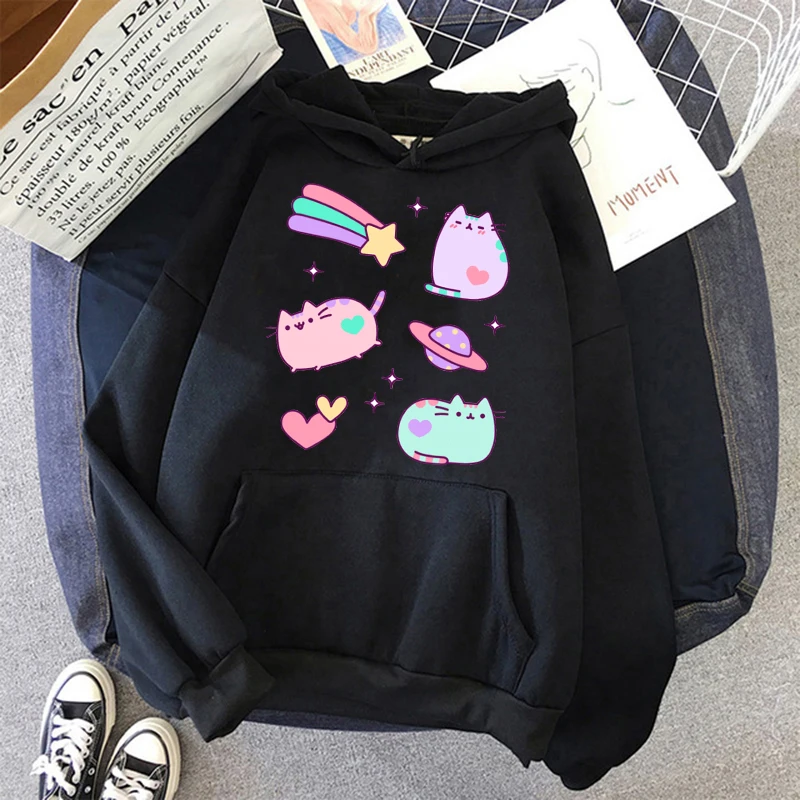 Women Ullzang Cute Cat Sweatshirt Funny Cartoon Pusheen Cat Kawaii Harajuku Korean Style Hoodies Graphic Fashion Hoody Female