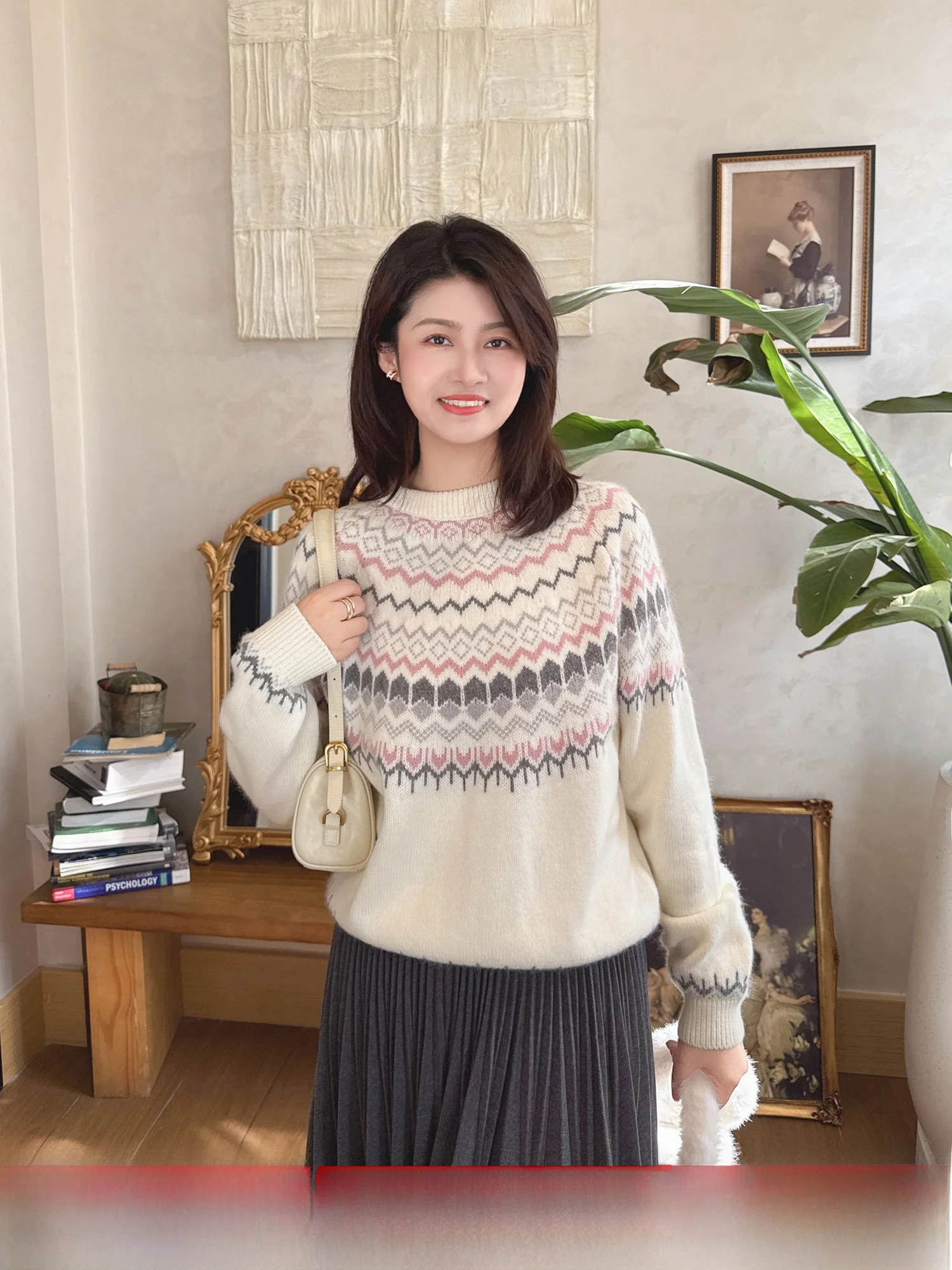 

Zillal Retro round Ne Loose Bear Fur Fair Isle Knitwear Women's Lazy Knitted Sweater Warm Wall Vintage Sle Winter Coat