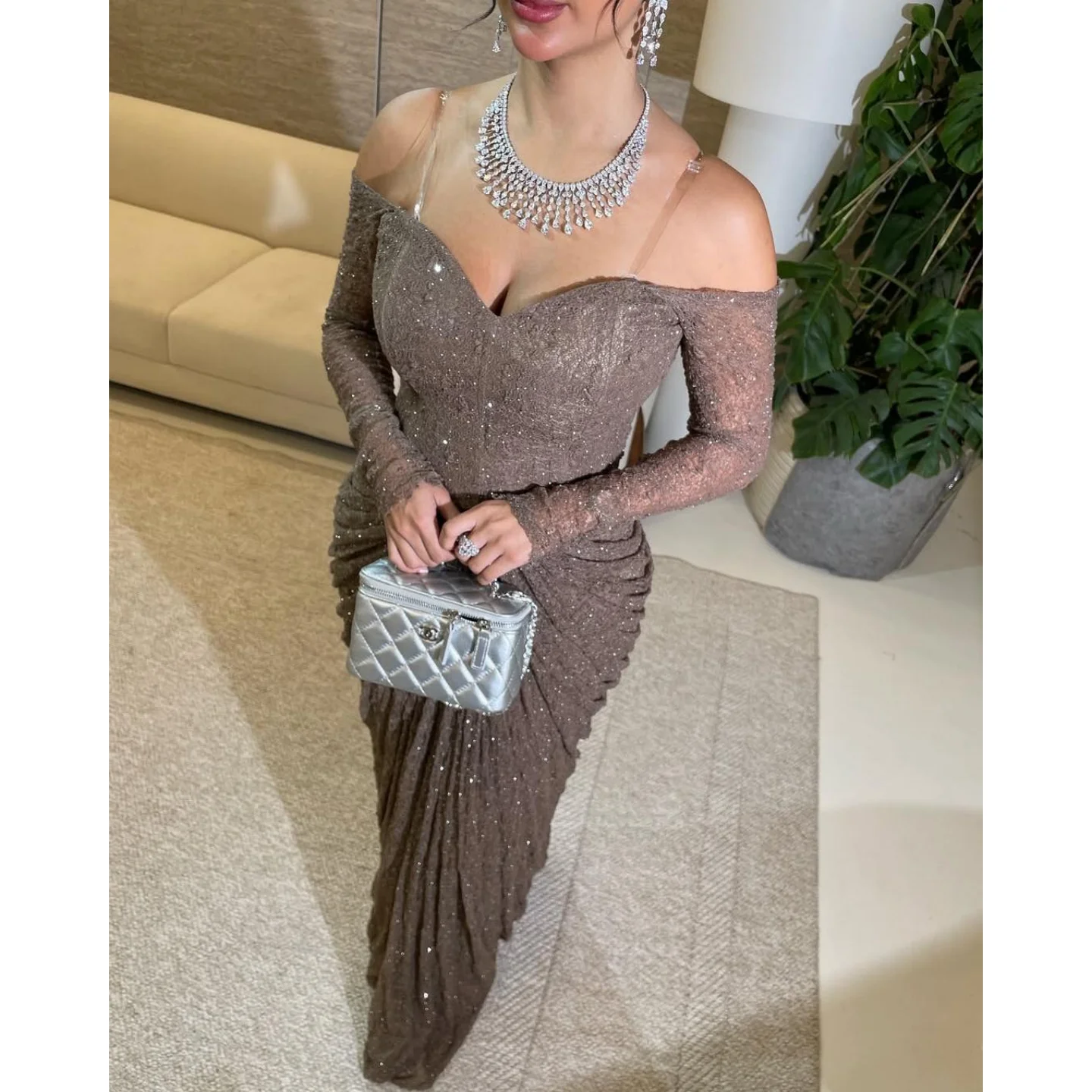 Vintage Sequins Evening Dresses Off Shoulder Floor Length Long Sleeves Prom Dresses Saudi Arabia Wedding Party Dress Customized