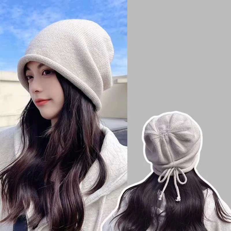 Unisex Warm Knitted Baggy Beanie Hat Drawstring Kpop Slouchy Style Cap Winter Soft Skullcaps Outdoor Windproof Bonnet