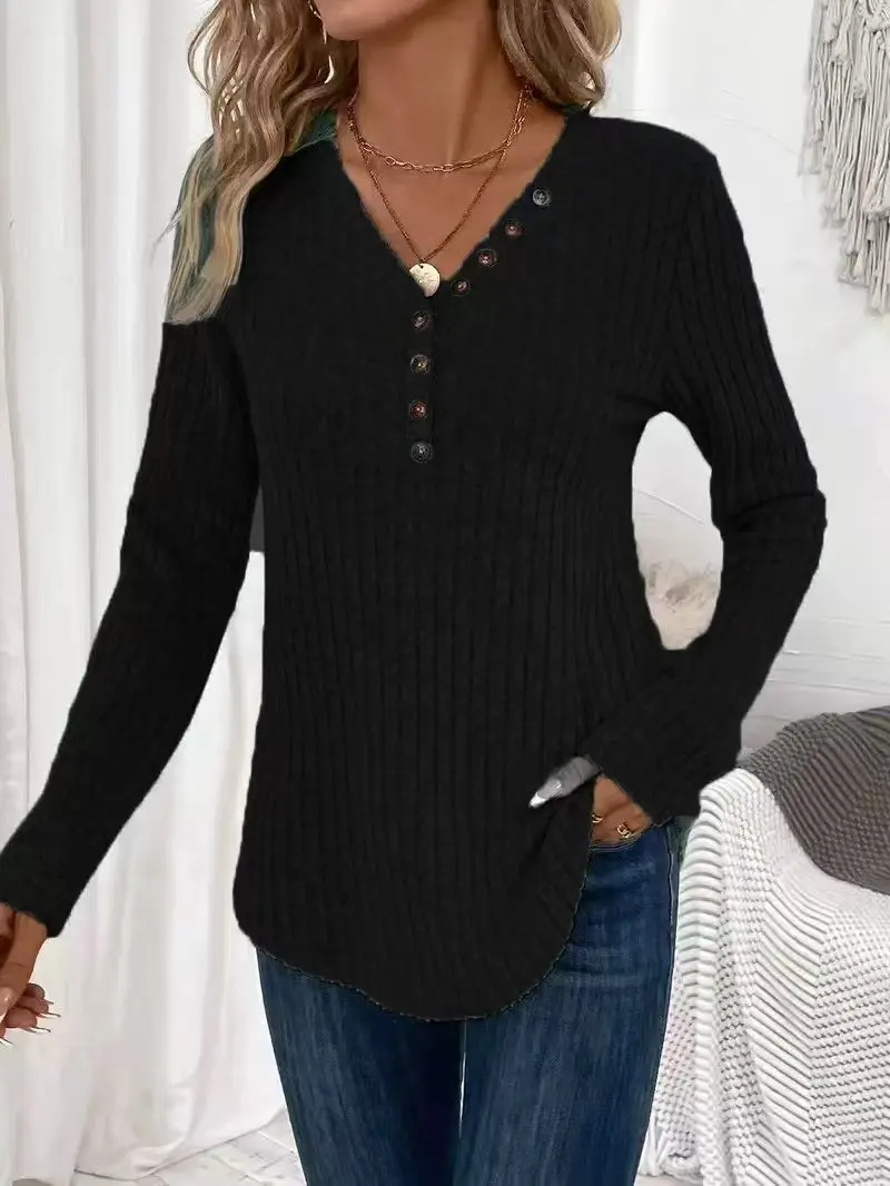 2025, grenzüberschreitendes europäisches und amerikanisches Damen-Strickhemd in reiner Farbe, lässig, langärmelig