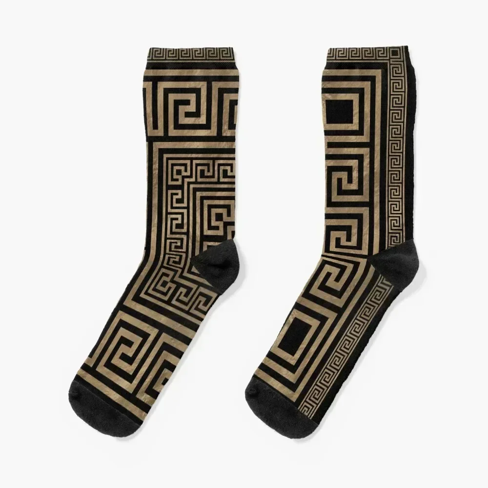 Greek Key Ornament - Greek Meander -Gold on Black Socks Men's Hiking boots new year Socks Girl Men's