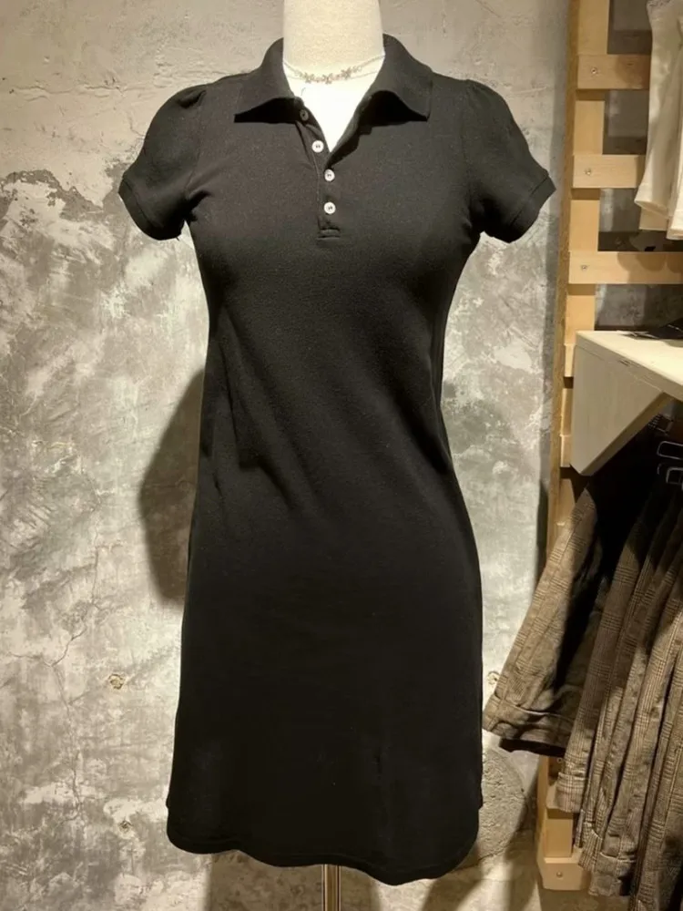 Casual Women Black Front Buttons Shirt Mini Dress 2023 Summer Retro Polo Neck Short Sleeves Solid Color Dress Female Slim Dress