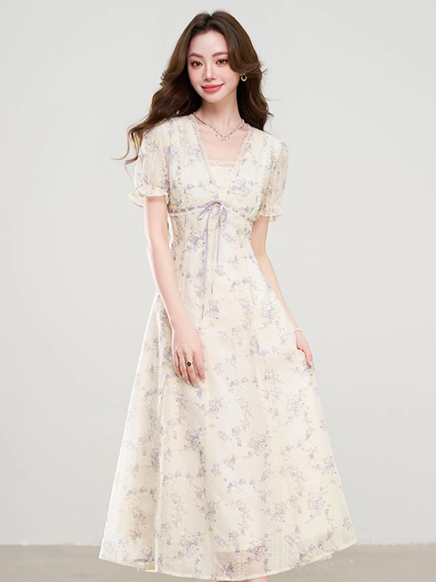 

Beach Vacation Waist-Cinching Dress Short-Sleeved Long Gown Floral Lace Tea Break Purple Casual Style Standard Fit A-Line Skirt