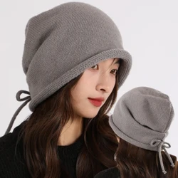 Fashion Drawstring Baggy Slouchy Beanie For Women Autumn Winter Ear Warm Skullies Cap Solid Color Bonnet Girl Kintted Woolen Hat